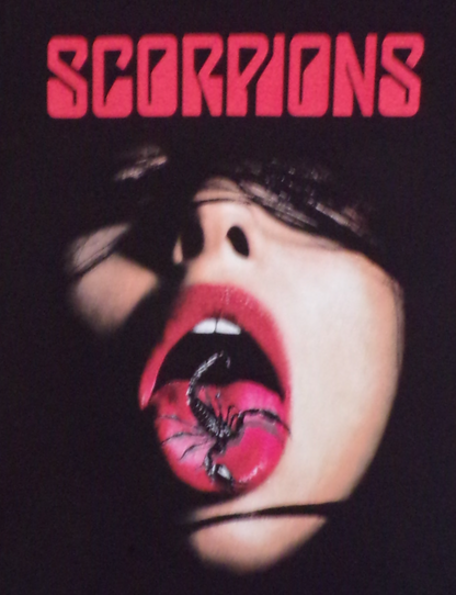 ’Scorpions Girl With Scorpion On Tongue’ Adult Unisex Band Silkscreen T-Shirt. Available From Small-3XL. -