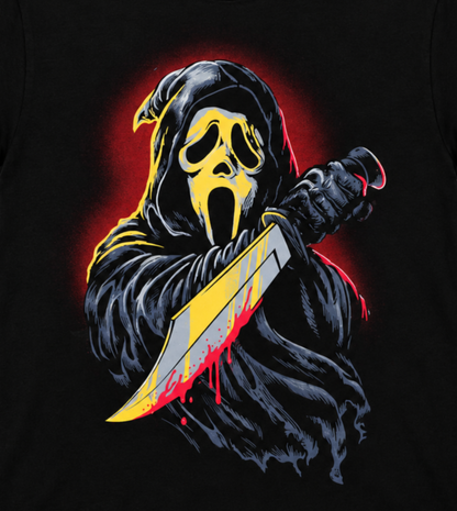 Close-up of Scream Ghostface Bloodstained Knife artwork featuring Ghostface gripping a large knife across his dark flowing robe.