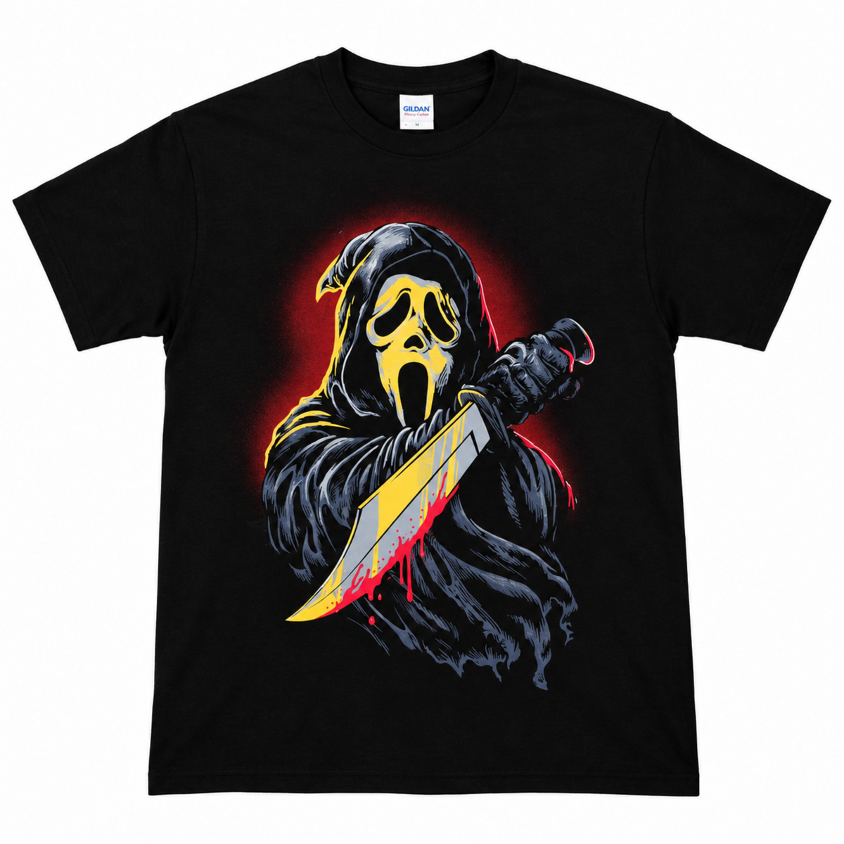 Scream Ghostface black graphic T-shirt featuring his white mask and an oversized bloodstained knife with vivid yellow, orange and red artwork.