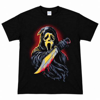 Scream Ghostface black graphic T-shirt featuring his white mask and an oversized bloodstained knife with vivid yellow, orange and red artwork.