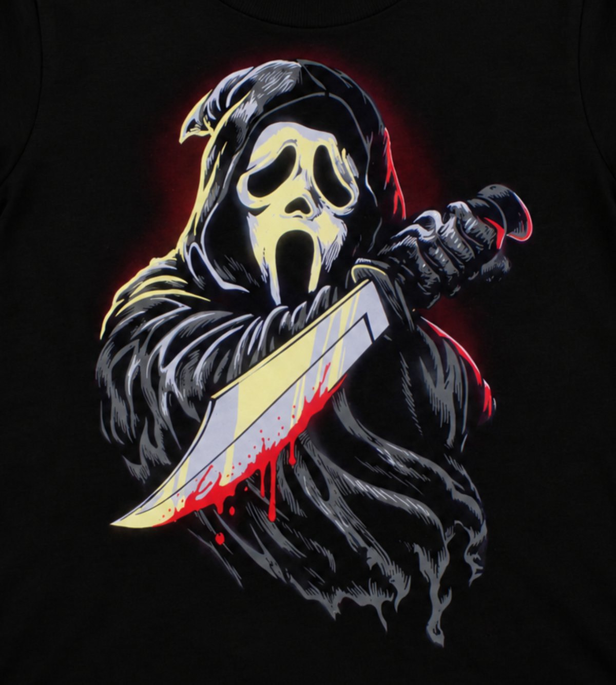 Scream Ghostface artwork featuring his white mask, black hood and bloodstained knife on a youth horror T-shirt
