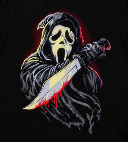 Scream Ghostface artwork featuring his white mask, black hood and bloodstained knife on a youth horror T-shirt
