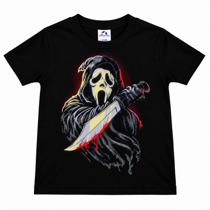 Scream Ghostface Bloodstained Knife black youth T-shirt featuring Ghostface holding a bloodstained knife