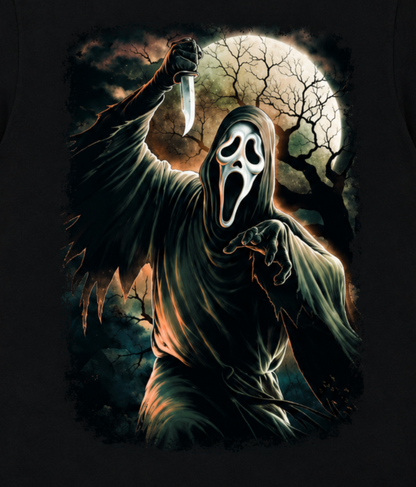 Close-up of Scream Ghostface Moonlit Woods artwork featuring the white Ghostface mask, dark forest, twisted branches and glowing full moon.