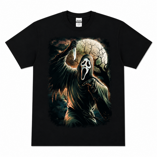 Scream Ghostface black graphic T-shirt featuring the masked killer emerging from dark moonlit woods beneath a large full moon.