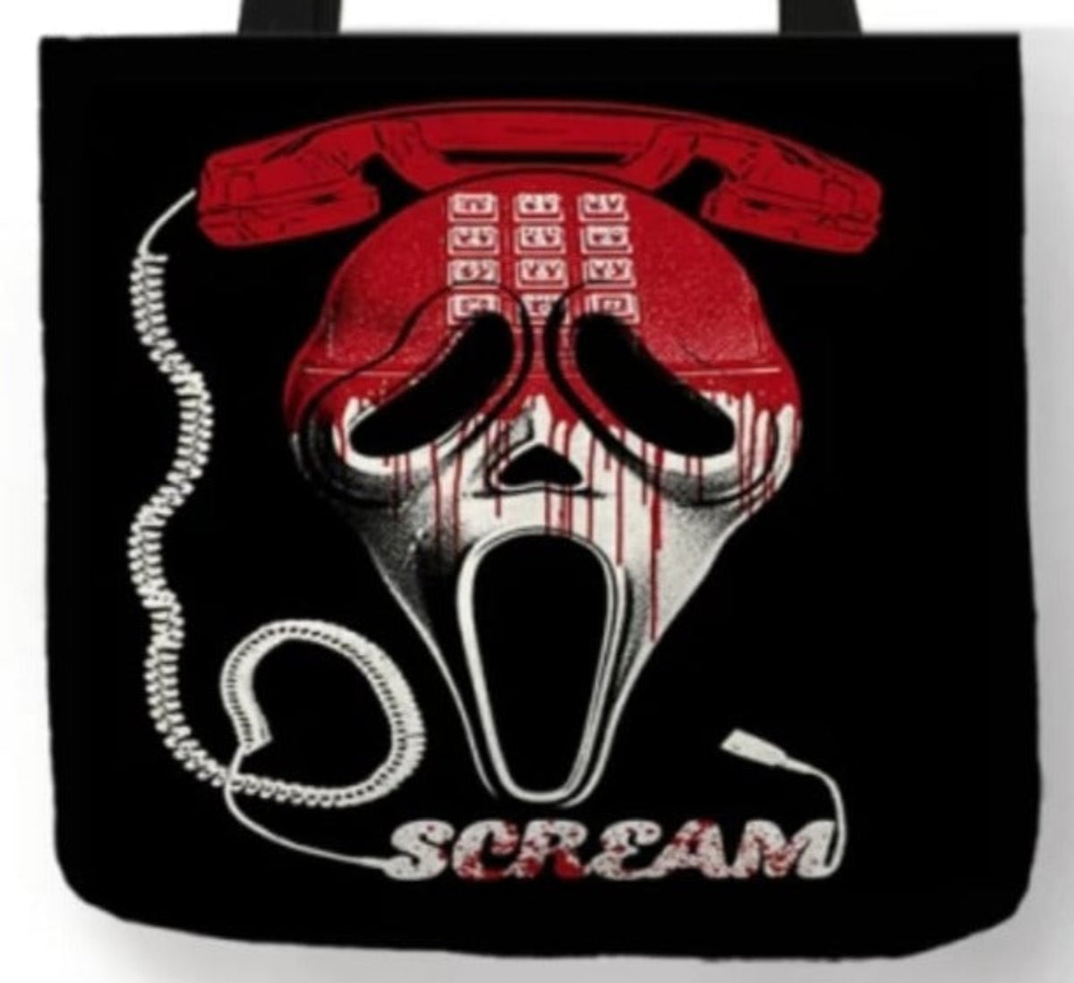 Close-up of Scream horror artwork showing the white Ghostface mask, bright red telephone receiver, coiled cord, and Scream lettering against a black background.