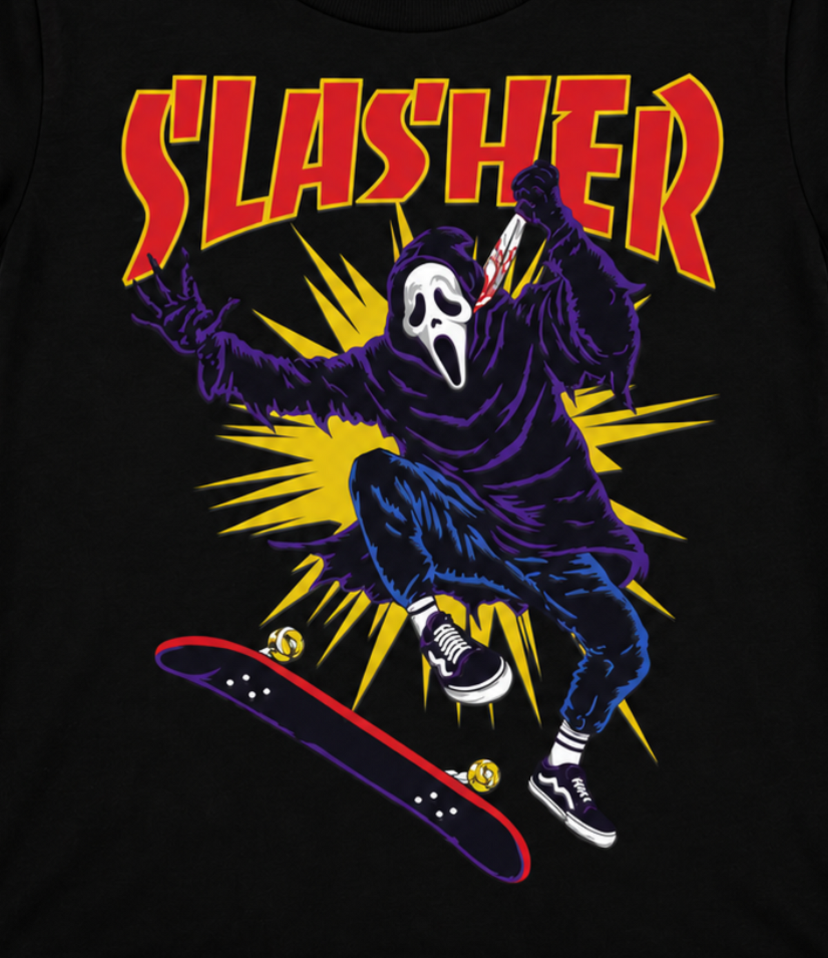 Ghostface Slasher Kickflip artwork featuring Ghostface on a skateboard with red yellow purple and blue accents