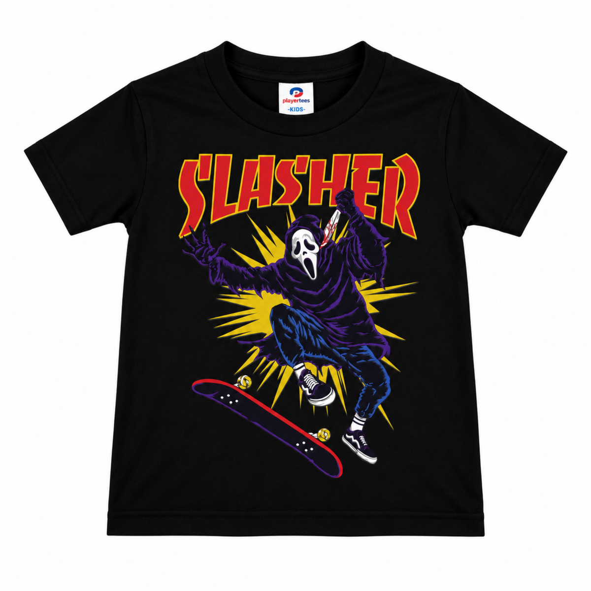 Scream Ghostface Slasher Kickflip black youth T-shirt featuring Ghostface riding a skateboard beneath Slasher lettering