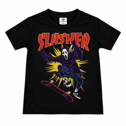 Scream Ghostface Slasher Kickflip black youth T-shirt featuring Ghostface riding a skateboard beneath Slasher lettering