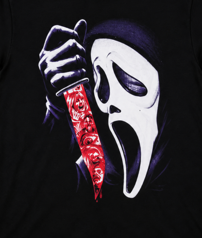 Close-up of Scream Ghostface Victims on the Blade artwork with Ghostface holding a blood-red knife filled with victims’ faces.