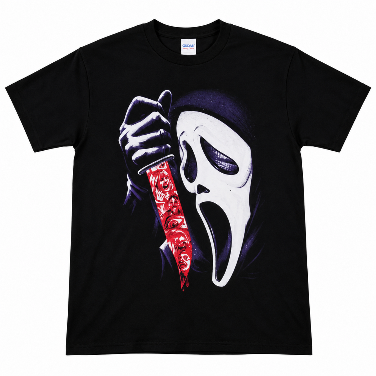 Scream Ghostface black graphic T-shirt featuring his white mask and raised blood-red knife with victims’ faces appearing along the blade.