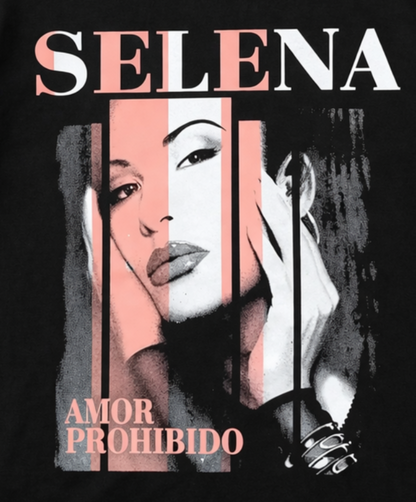 Selena Amor Prohibido black unisex t-shirt pink portrait graphic Tejano Latin music S-3XL