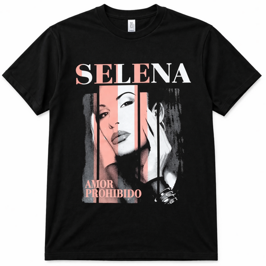 Selena Amor Prohibido black unisex t-shirt pink portrait graphic Tejano Latin music S-3XL