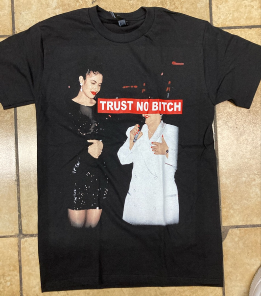 Black Selena t-shirt featuring red “TRUST NO Bi**H” banner – Unisex Silkscreen
