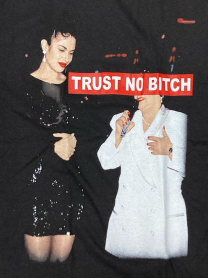 Black Selena t-shirt featuring red “TRUST NO Bi**H” banner – Unisex Silkscreen