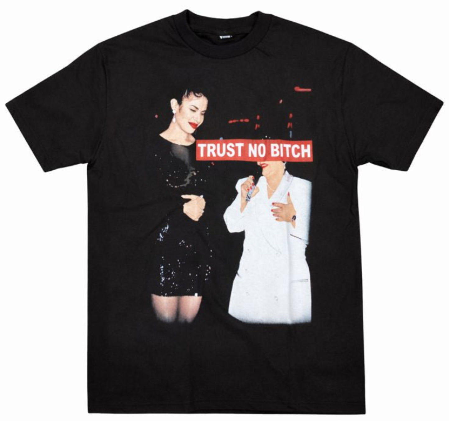 Front view of Selena Trust No B*tch T-shirt featuring red bar text and portrait design of Selena and Yolanda printed using authentic silkscreen technique.