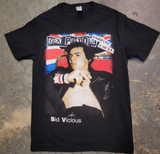 Black Sex Pistols t-shirt featuring Sid Vicious with Union Jack “Anarchy In The U.K.” design – Unisex Silkscreen