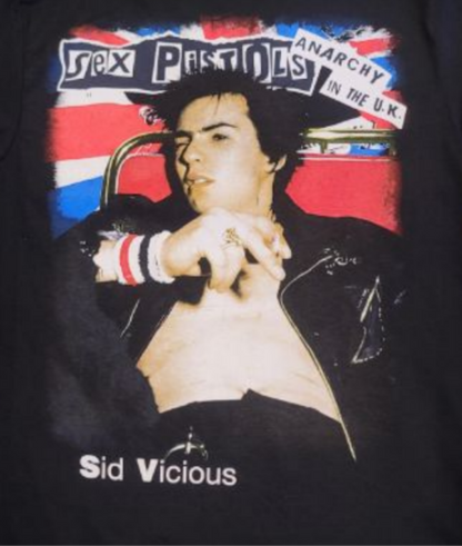 Black Sex Pistols t-shirt featuring Sid Vicious with Union Jack “Anarchy In The U.K.” design – Unisex Silkscreen
