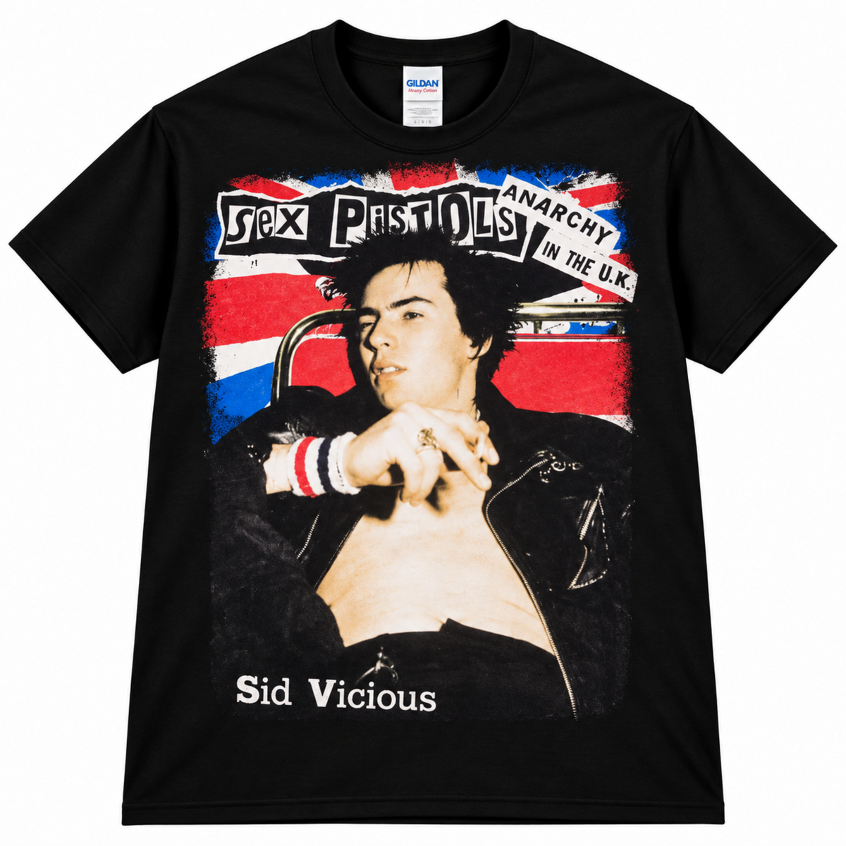 Sex Pistols Anarchy in the U.K. black graphic T-shirt featuring Sid Vicious in front of a distressed Union Jack—a standout punk rock tee for Sex Pistols fans.