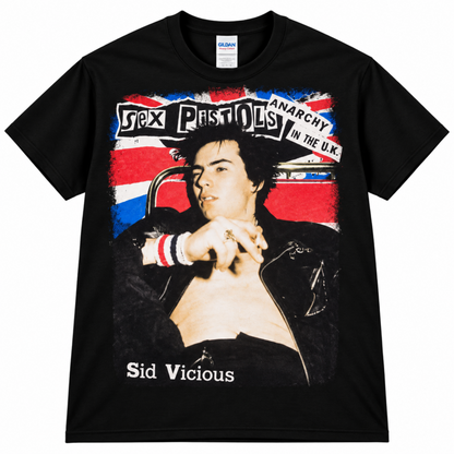 Sex Pistols Anarchy in the U.K. black graphic T-shirt featuring Sid Vicious in front of a distressed Union Jack—a standout punk rock tee for Sex Pistols fans.