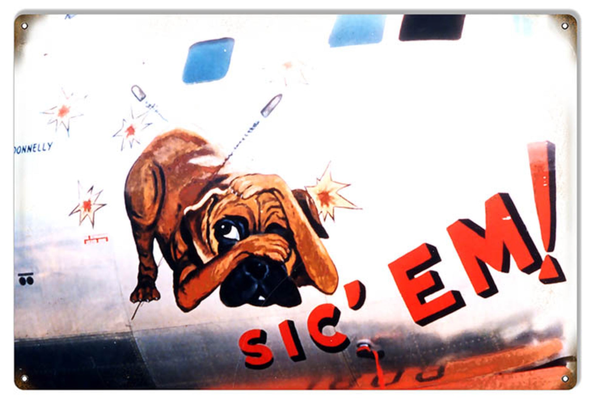 SIC 'EM vintage aviation nose art bulldog tin metal sign featuring classic military aircraft-inspired artwork, 12"W × 18"H.