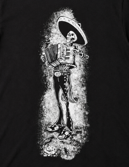 Skeleton mariachi accordion graphic T-shirt with full body Day of the Dead style design unisex sizes S–2XL