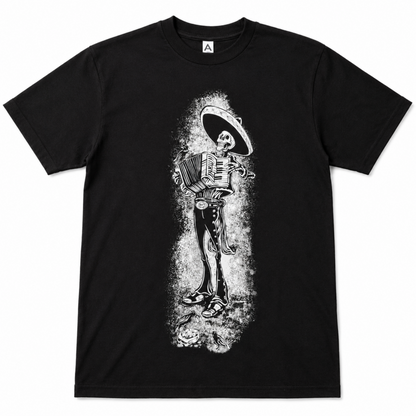 Skeleton mariachi accordion graphic T-shirt with full body Day of the Dead style design unisex sizes S–2XL