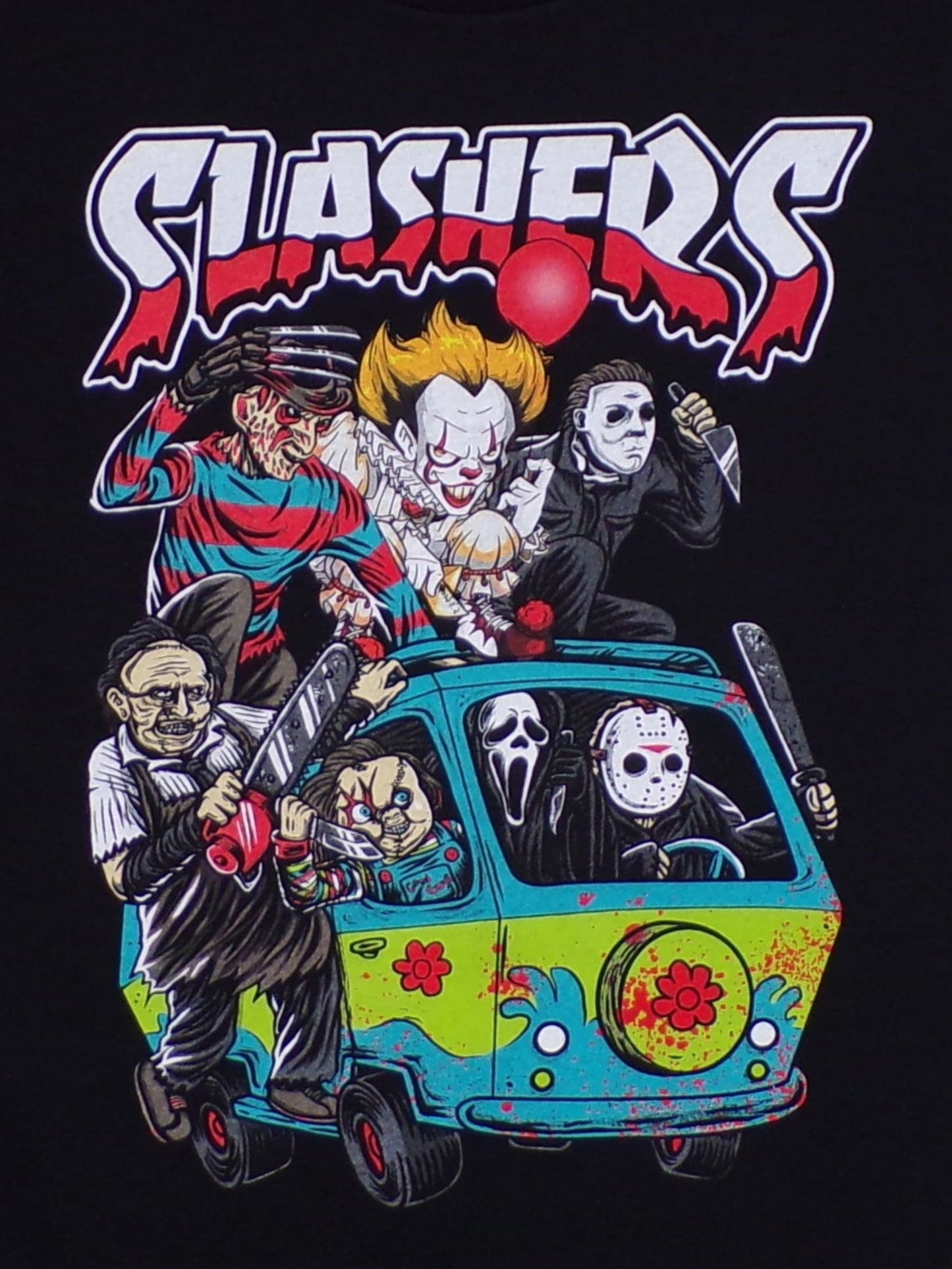 Front view of slasher horror Mystery Machine graphic T-shirt featuring Freddy Krueger, Jason, Pennywise, Chucky and other horror icons in cartoon van scene printed in authentic silkscreen on black cotton tee