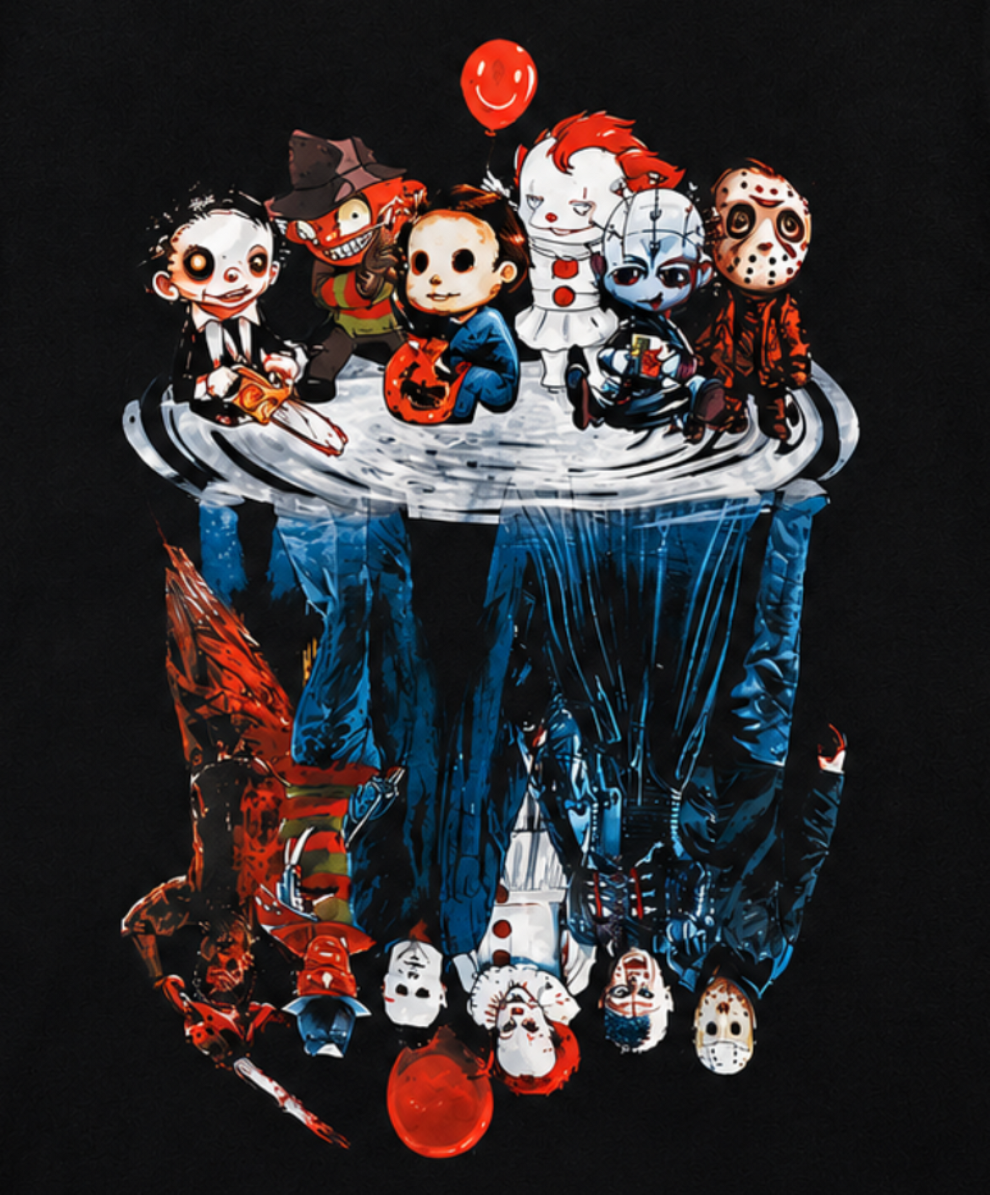 Slasher pioneers chibi horror characters with realistic reflection in water dock graphic T-shirt unisex sizes S–3XL