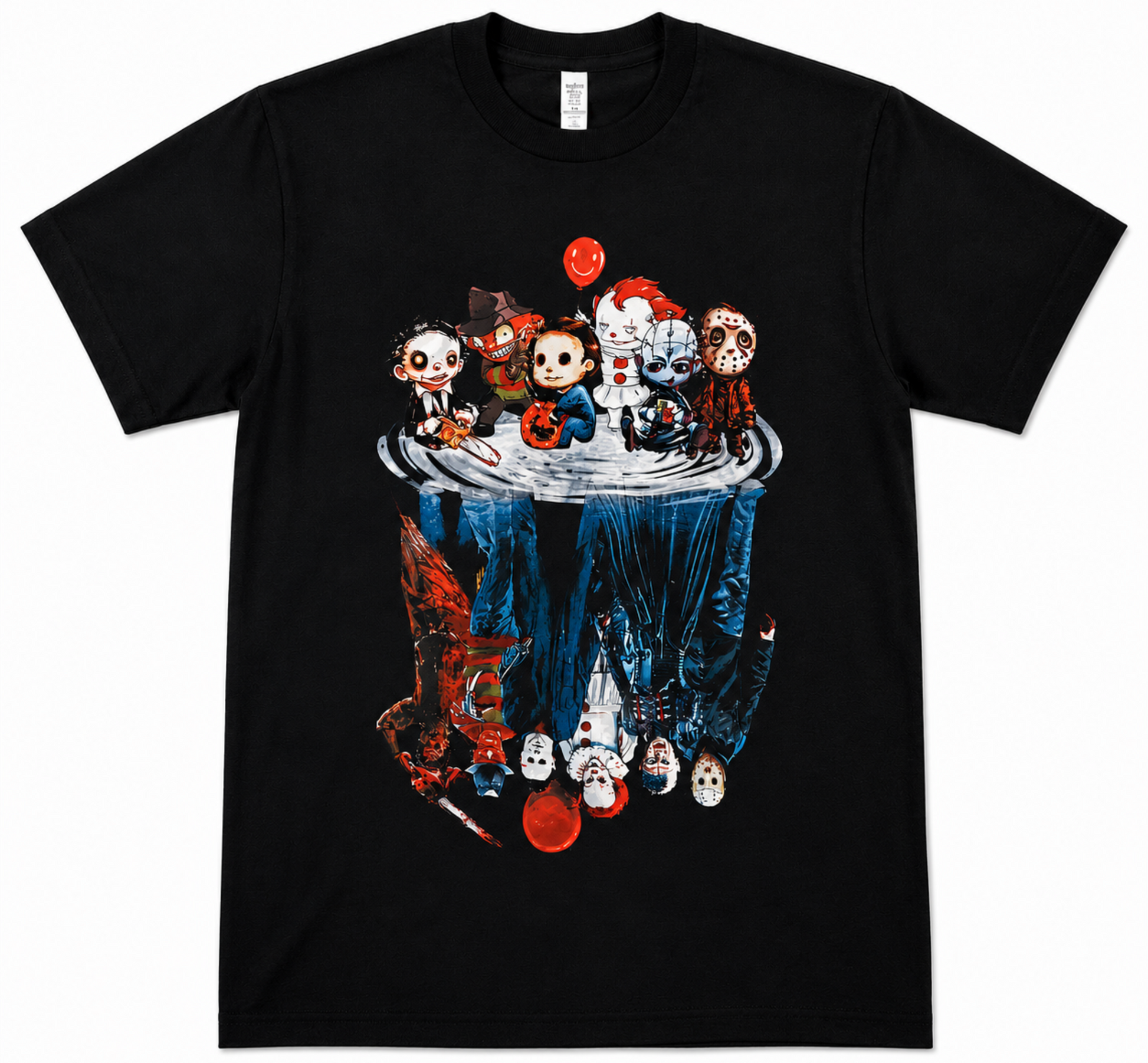 Slasher pioneers chibi horror characters with realistic reflection in water dock graphic T-shirt unisex sizes S–3XL
