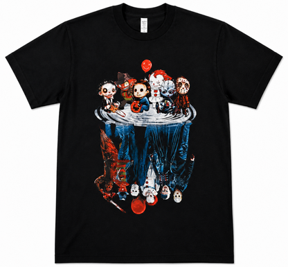 Slasher pioneers chibi horror characters with realistic reflection in water dock graphic T-shirt unisex sizes S–3XL