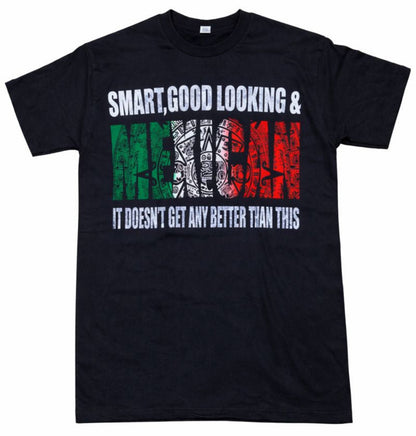 Smart Good Looking Mexican graphic T-shirt black unisex pride shirt with Aztec pattern and flag colors sizes S-2XL