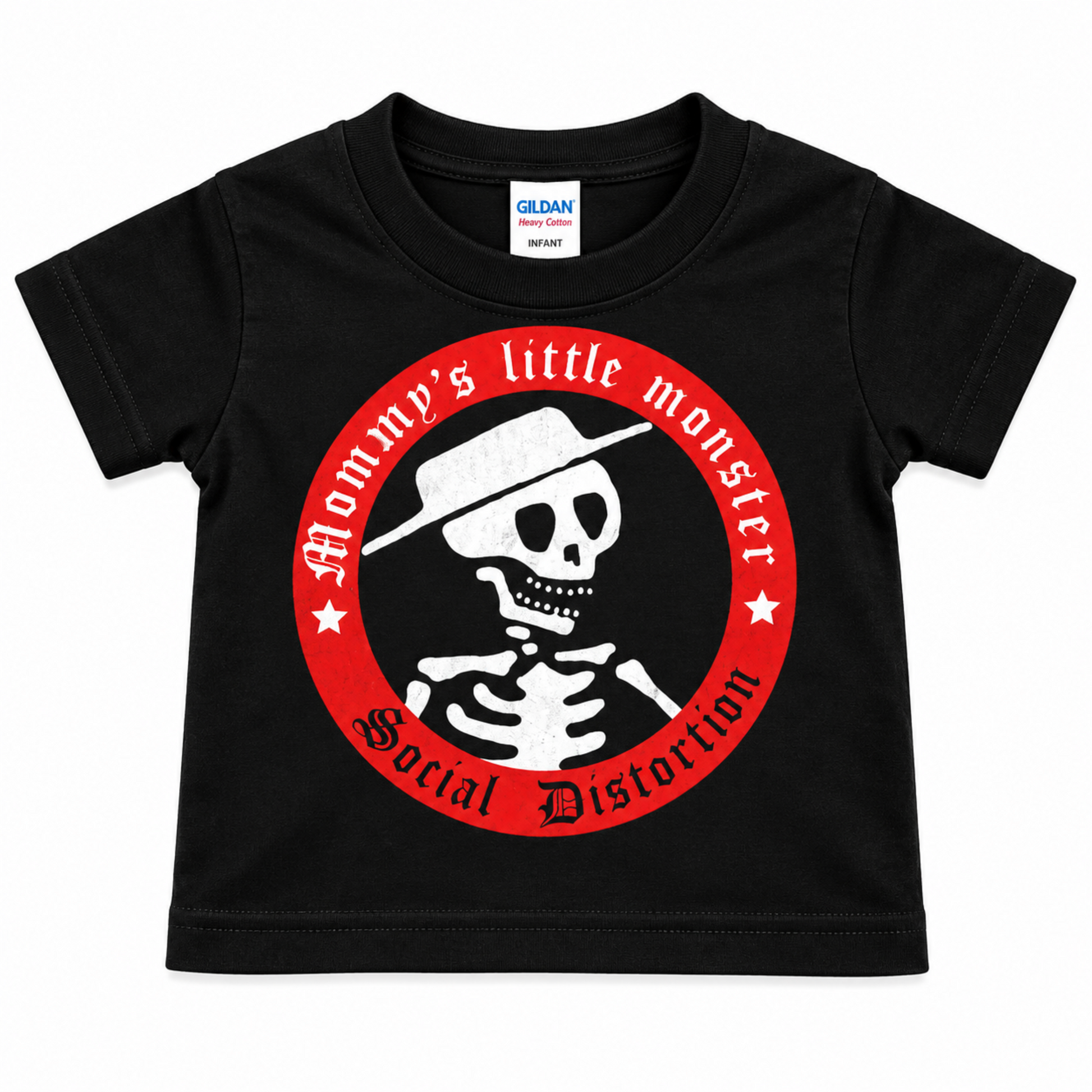 Social Distortion Mommy's Little Monster black infant graphic T-shirt featuring the red and white skelly design, sizes 6M-24M.