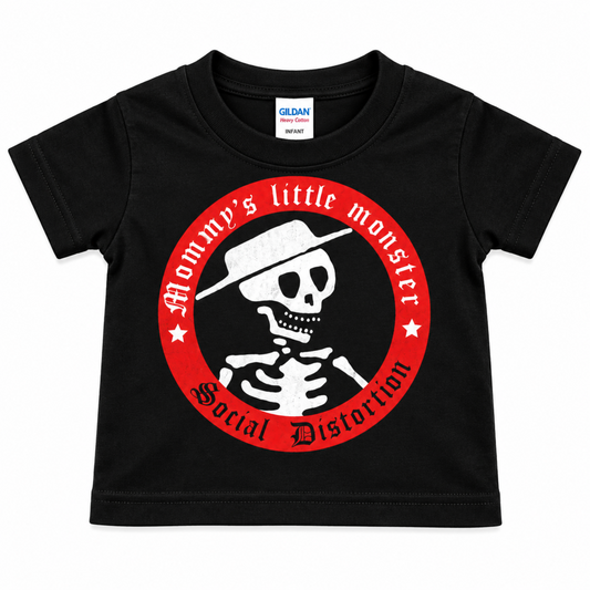 Social Distortion Mommy's Little Monster black infant graphic T-shirt featuring the red and white skelly design, sizes 6M-24M.