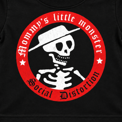 Close-up of the Social Distortion Mommy's Little Monster red, white, and black skelly graphic.