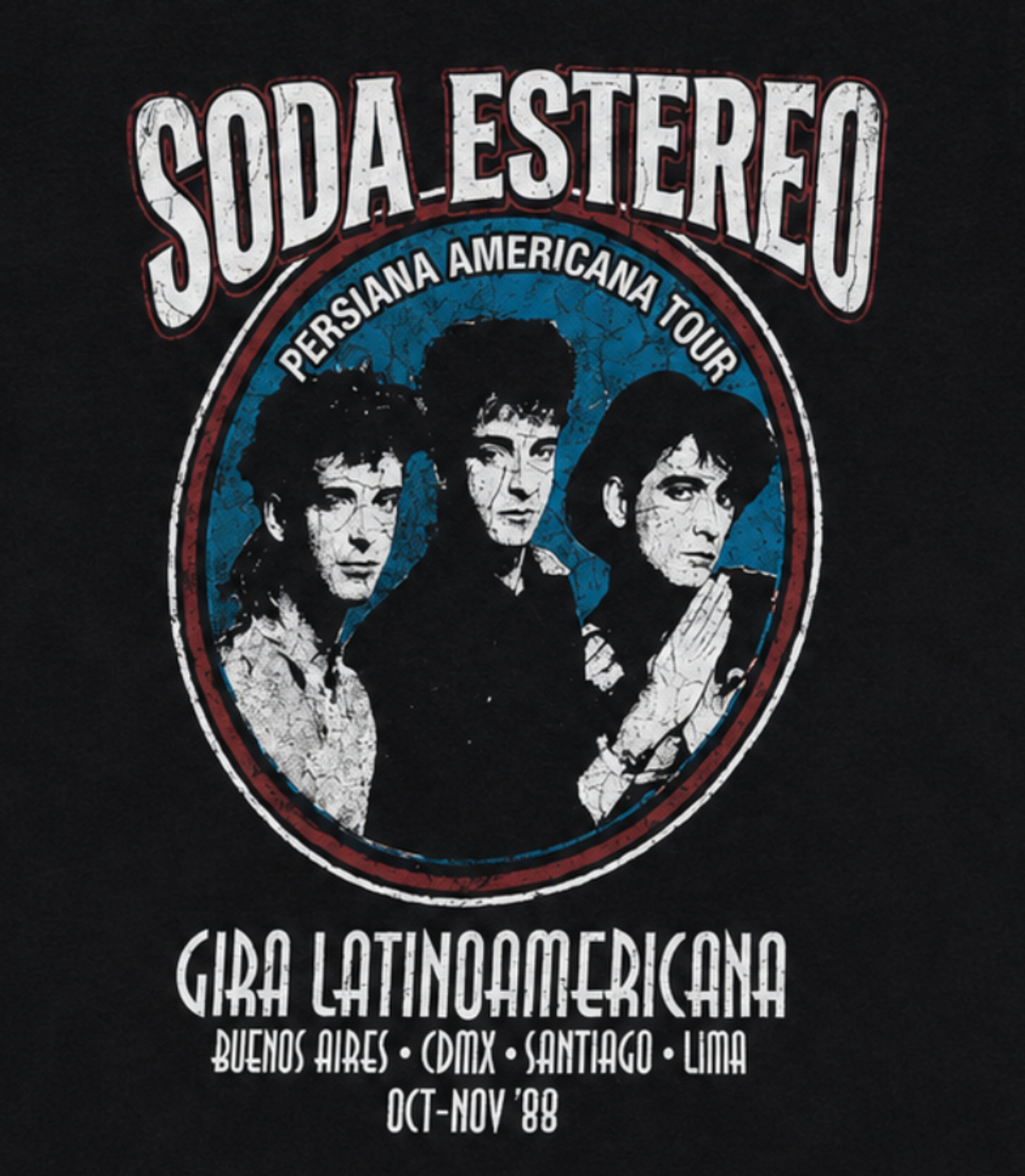 Black adult unisex Soda Stereo Persiana Americana Rock en Español T-shirt featuring Gustavo Cerati, Zeta Bosio, and Charly Alberti with distressed vintage artwork and 1988 Latin American tour dates, available in sizes Small through 2X-Large.