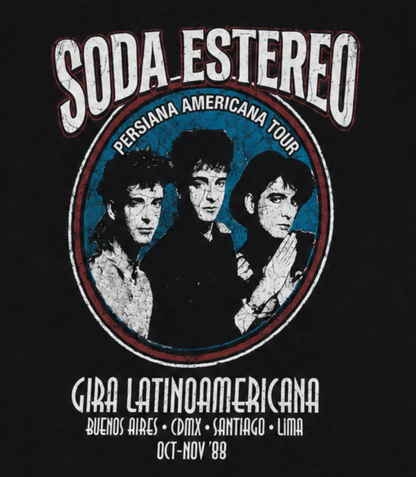 Black adult unisex Soda Stereo Persiana Americana Rock en Español T-shirt featuring Gustavo Cerati, Zeta Bosio, and Charly Alberti with distressed vintage artwork and 1988 Latin American tour dates, available in sizes Small through 2X-Large.