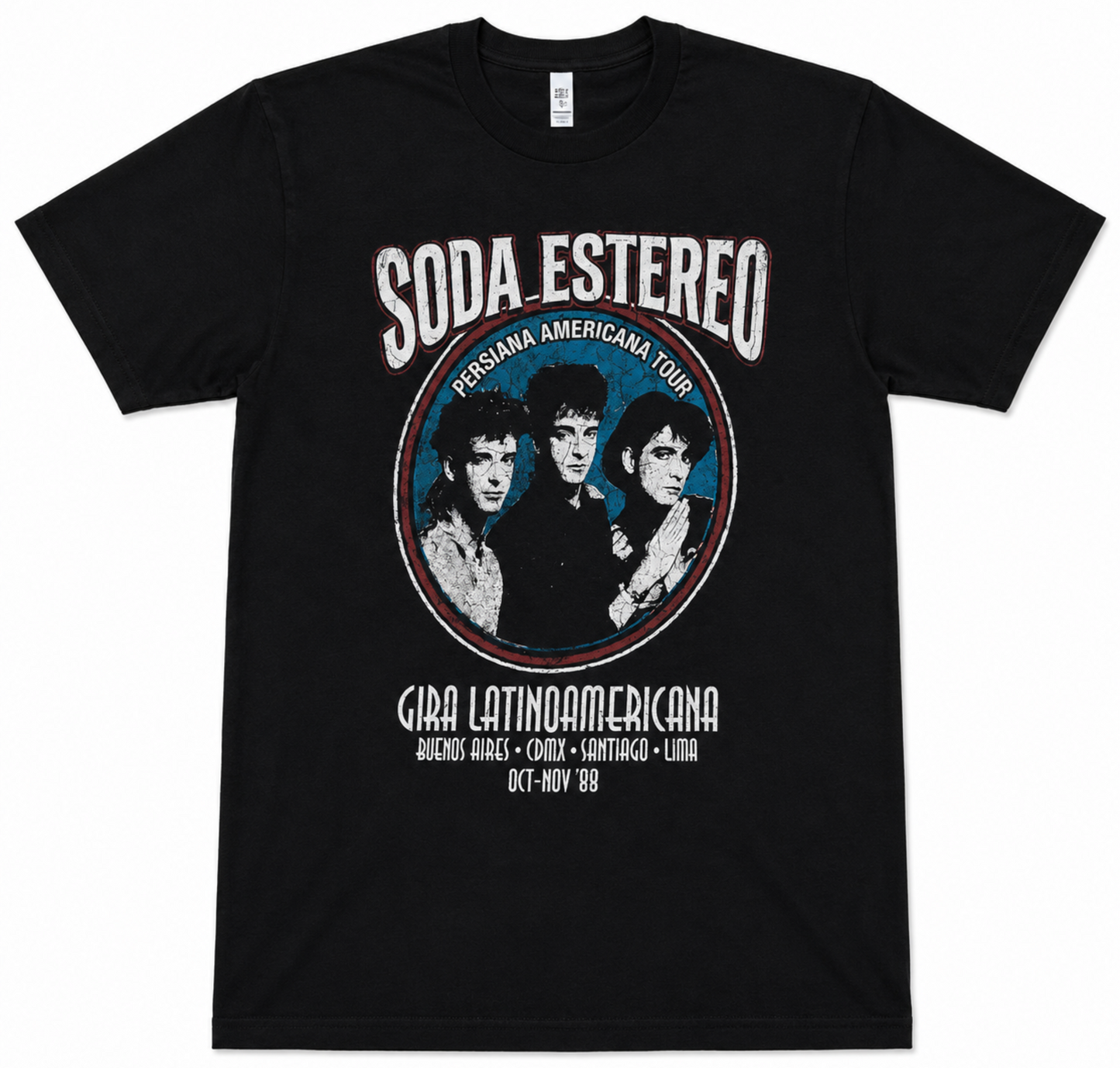 Black adult unisex Soda Stereo Persiana Americana Rock en Español T-shirt featuring Gustavo Cerati, Zeta Bosio, and Charly Alberti with distressed vintage artwork and 1988 Latin American tour dates, available in sizes Small through 2X-Large.
