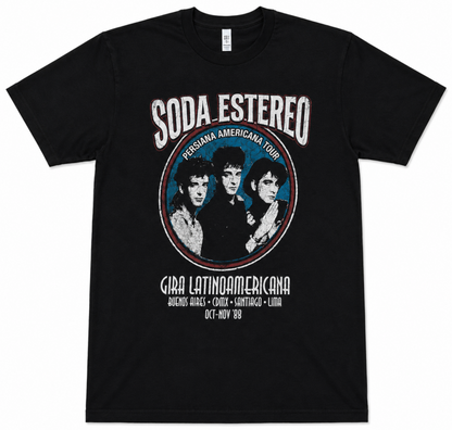 Black adult unisex Soda Stereo Persiana Americana Rock en Español T-shirt featuring Gustavo Cerati, Zeta Bosio, and Charly Alberti with distressed vintage artwork and 1988 Latin American tour dates, available in sizes Small through 2X-Large.