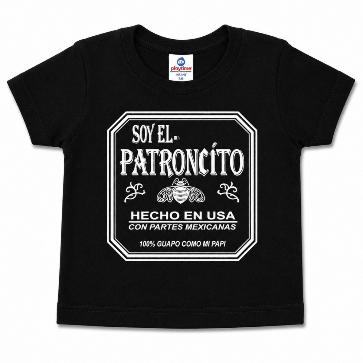Alt Text: Soy El Patroncito black infant graphic T-shirt featuring Hecho en USA con Partes Mexicanas design, sizes 6M-24M.