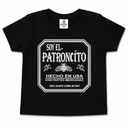 Alt Text: Soy El Patroncito black infant graphic T-shirt featuring Hecho en USA con Partes Mexicanas design, sizes 6M-24M.