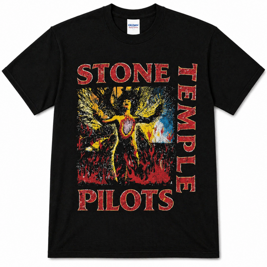 Stone Temple Pilots Core sorceress graphic T-shirt with flame-style artwork and vintage grunge band design sizes S–2XL