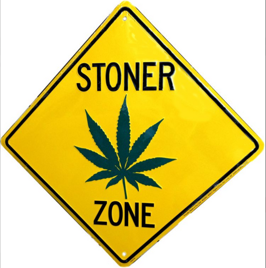 Stoner Zone embossed aluminum warning-style sign with cannabis leaf graphic, yellow background, 12 inch diameter.