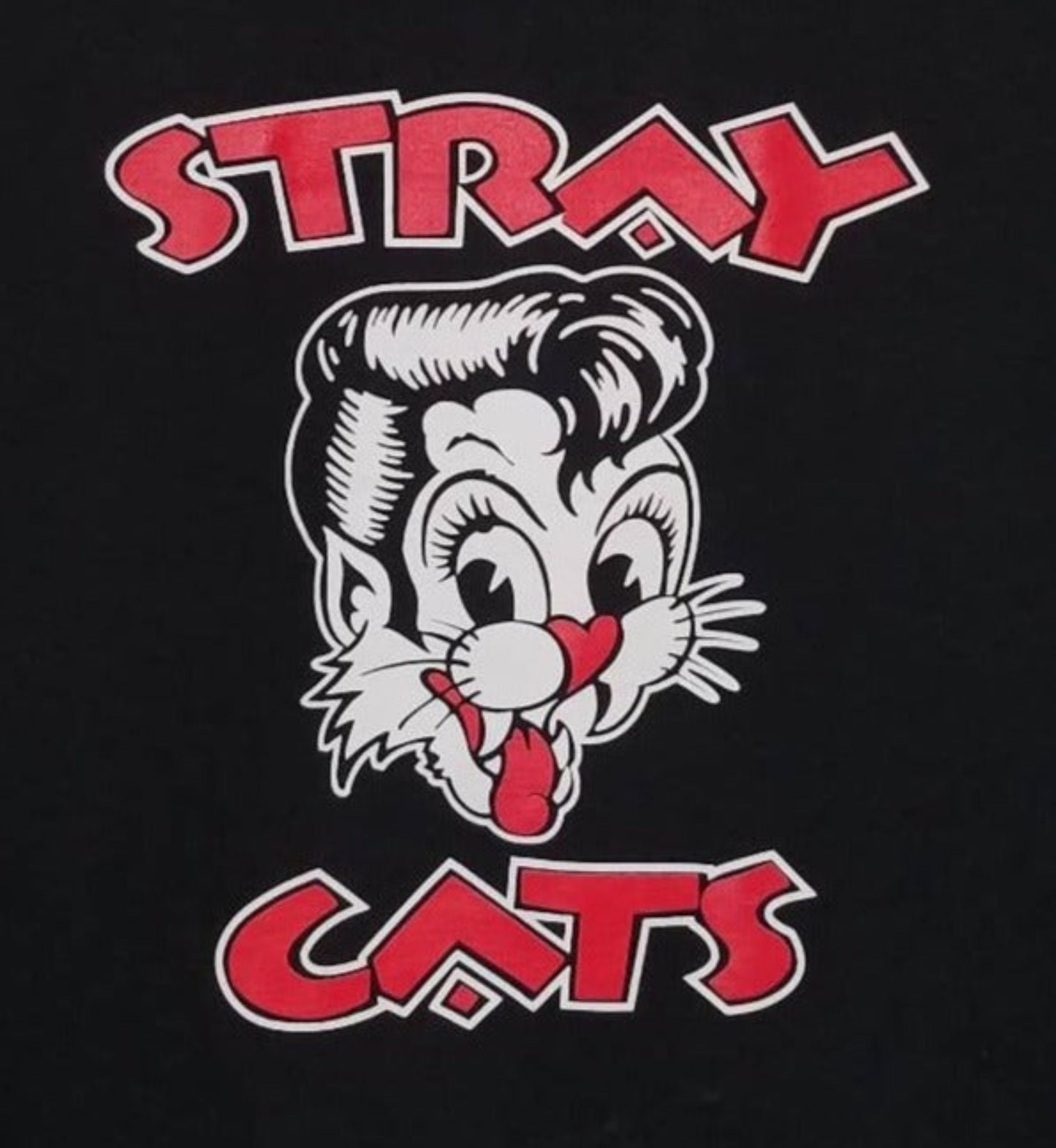 Front view of Stray Cats retro cat head graphic T-shirt featuring cartoon cat face and bold red lettering on black tee