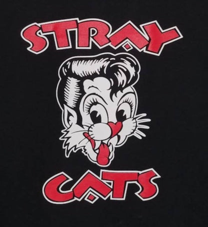 Front view of Stray Cats retro cat head graphic T-shirt featuring cartoon cat face and bold red lettering on black tee