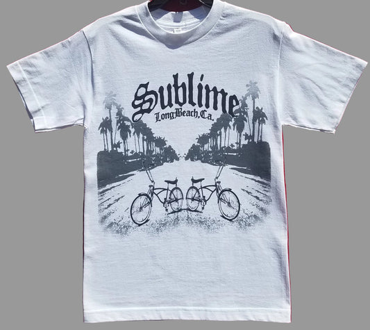 Front view of Sublime Long Beach Bikes graphic T-shirt featuring palm trees and lowrider bicycles printed in authentic silkscreen on white cotton tee