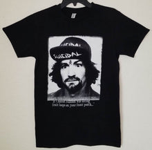 Load image into Gallery viewer, Black and white graphic of Charles Manson wearing a &quot;Suicidal&quot; hat, with high-contrast detailing that reflects the raw, rebellious energy of Suicidal Tendencies and punk culture.
