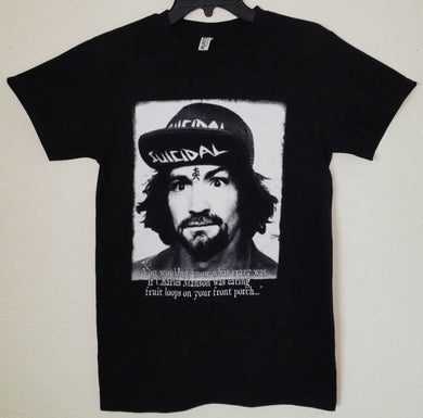 Black and white graphic of Charles Manson wearing a 