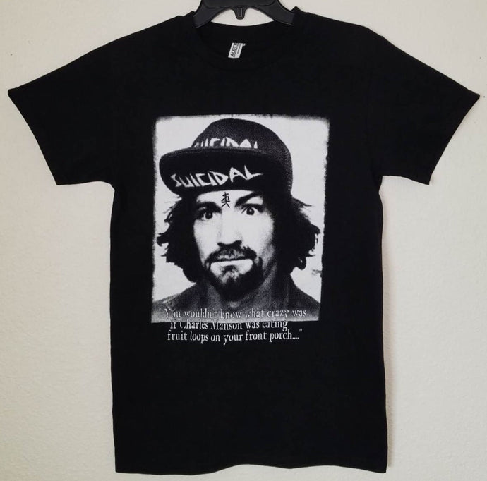 Black and white graphic of Charles Manson wearing a 