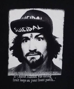 Black and white graphic of Charles Manson wearing a "Suicidal" hat, with high-contrast detailing that reflects the raw, rebellious energy of Suicidal Tendencies and punk culture.